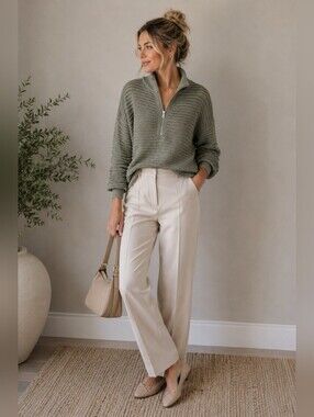 VARLEY Tara Pointelle Half-Zip Cotton Knit Sweater Sage Green XL